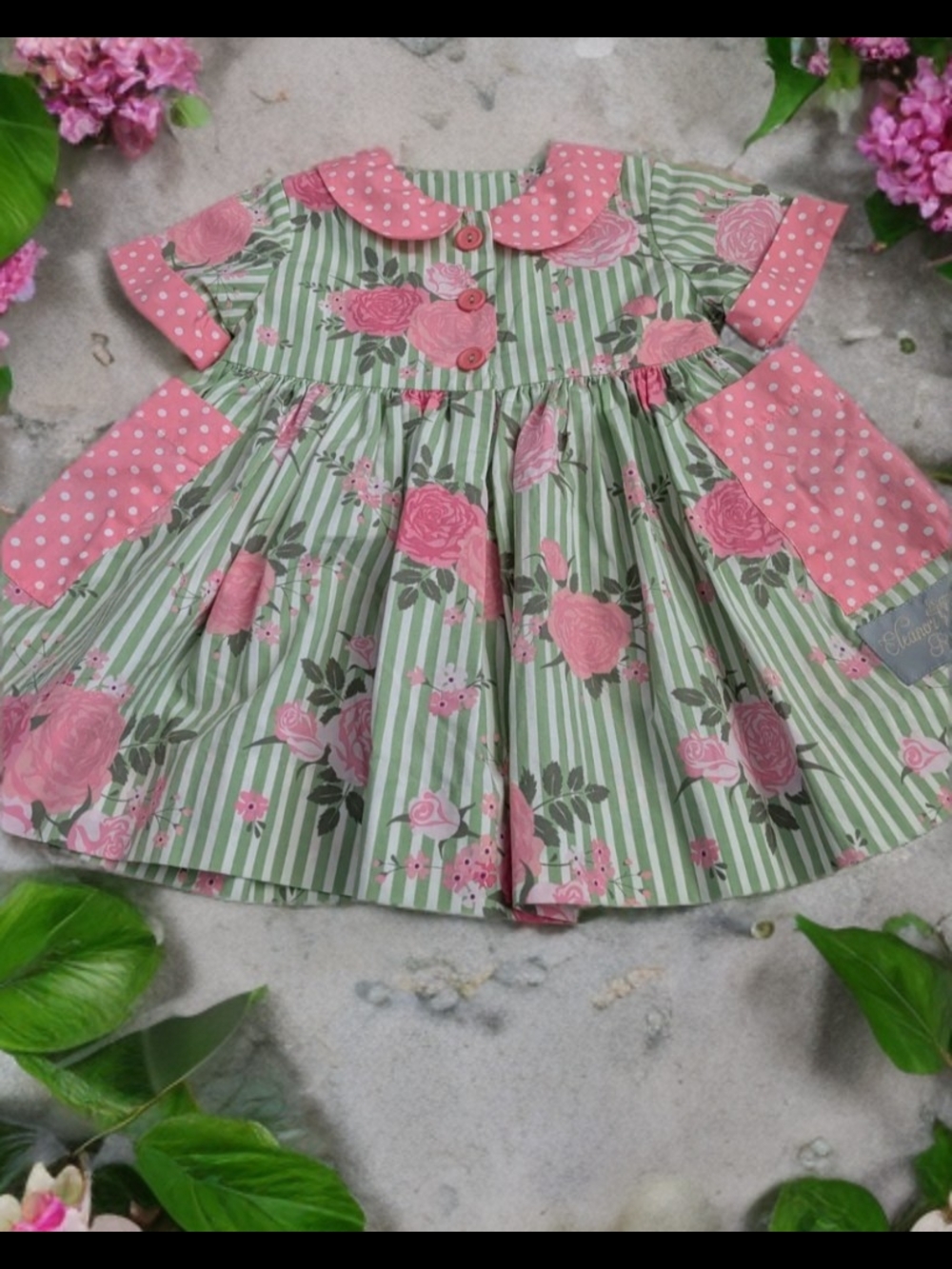 Eleanor Rose Pink Rose & Green Stripe Peter Pan Collar Dress Size 18 Months